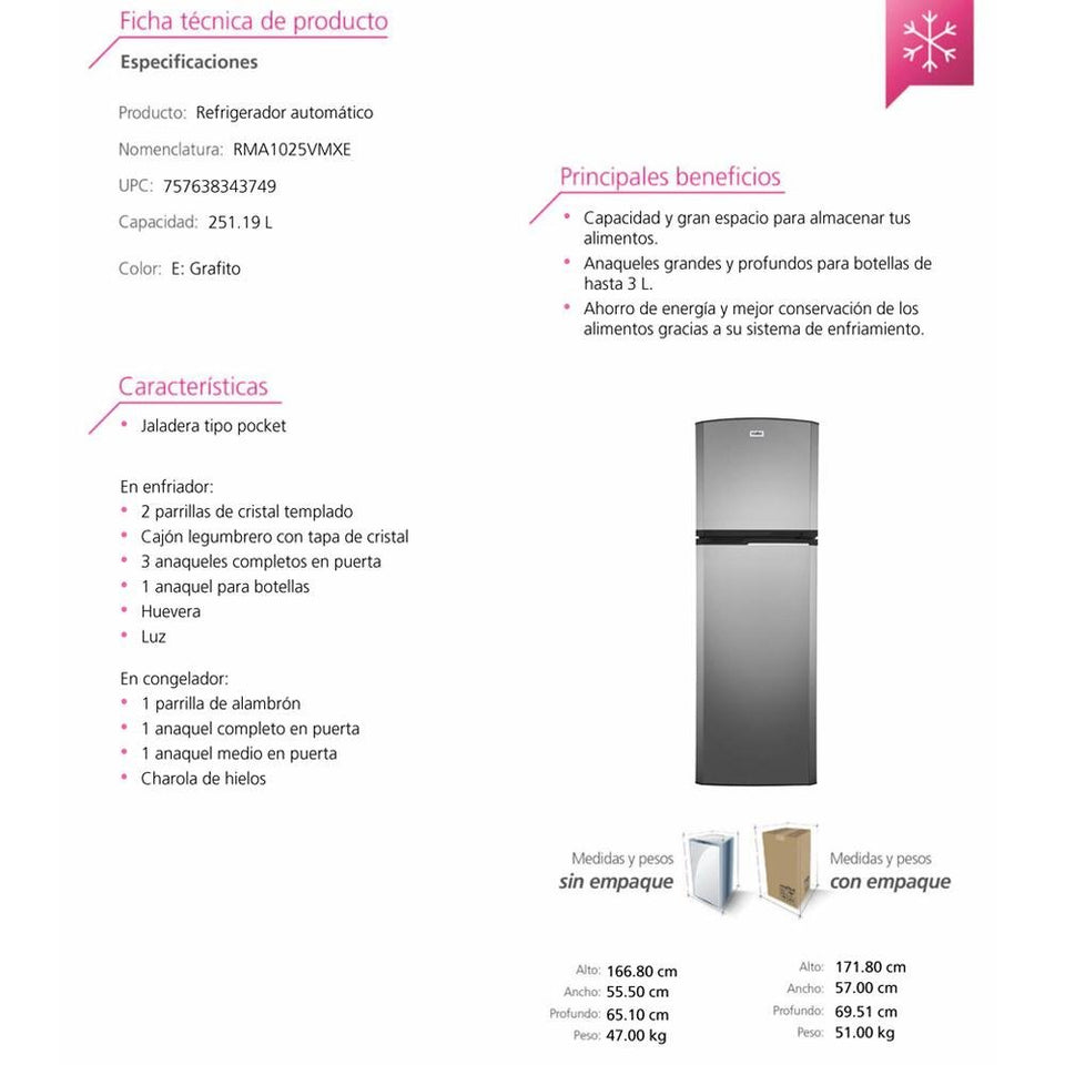 Refrigerador Tmnf 250l Mabe Rma1025vmxe0 Grafito